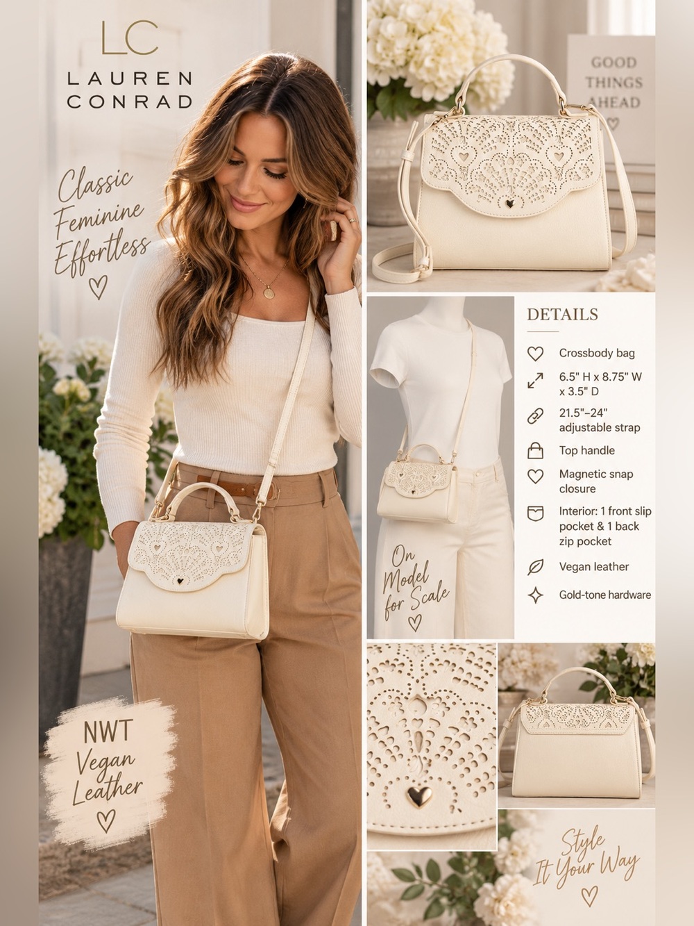 NWT LC Lauren Marissa Heart Crossbody w Laser Cutout Design Vegan Leather